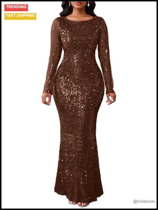 Dresses & Skirts - Sequins Mermaid Maxi Dress Long Sleeve Bodycon Cocktail Party